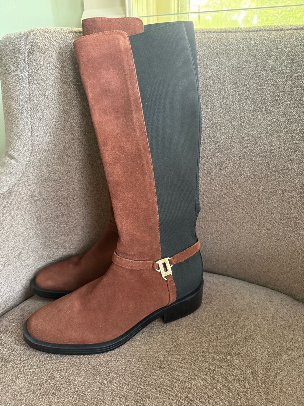 Karl Lagerfeld Two-Tone Brown Suede and Black Stretch Over-the-Knee Boots